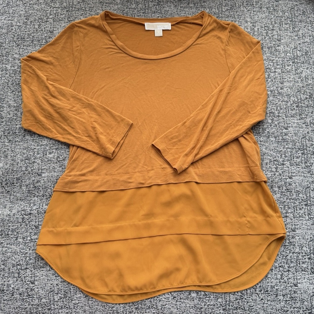 Michael Kors elegant mustard overlapping layered top size small 3/4 sleeves